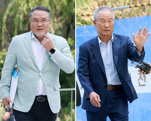  지난 10일 이일준 삼부토건 회장(왼쪽)과 조성옥 전 삼부토건 회장이 10일 민중기 특별검사팀의 조사를 받기 위해 서울 종로구 KT광화문빌딩 웨스트에 마련된 특검 사무실에 출석하고 있다. (사진=연합뉴스)