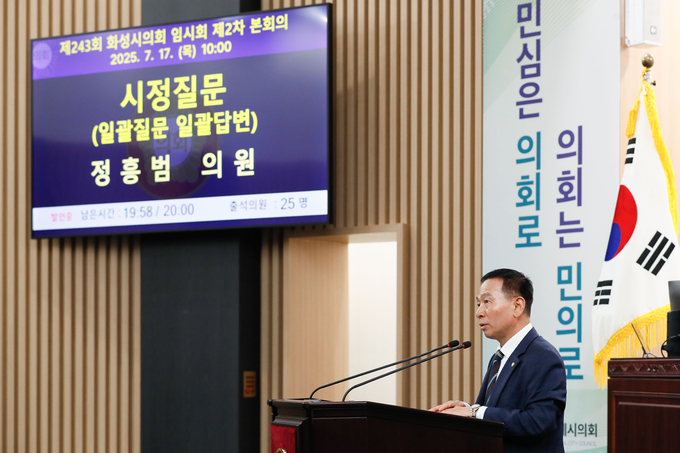 정흥범 화성특례시의회 의원은 본회의 시정질문을 통해 서남부권 소외 실태 집중 제기하고 있다. (사진-화성특례시의회 제공)