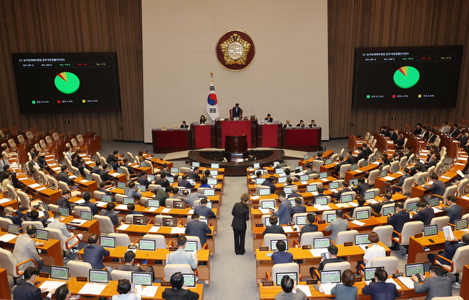  23일 국회 본회의에서 농어업재해보험법 개정안이 통과되고 있다. (사진=연합뉴스)