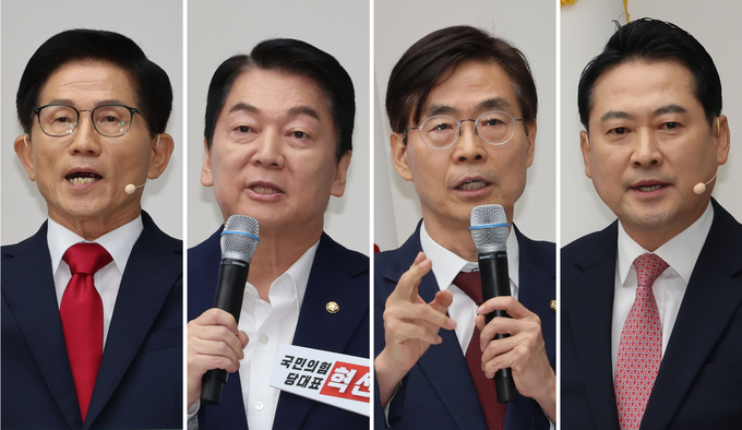 국민의힘 ‘8·22 전당대회’ 당대표 본선에 진출한 김문수(왼쪽부터)안철수조경태장동혁 후보 (사진=연합뉴스)