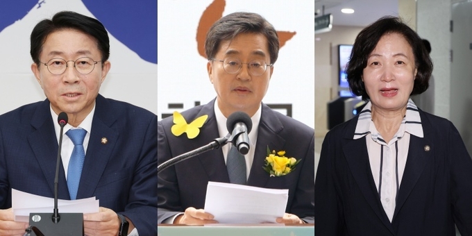 (가운데) 김동연 경기도지사. (사진=임혜림 기자), 조정식·추미애 의원. (사진=연합뉴스)
