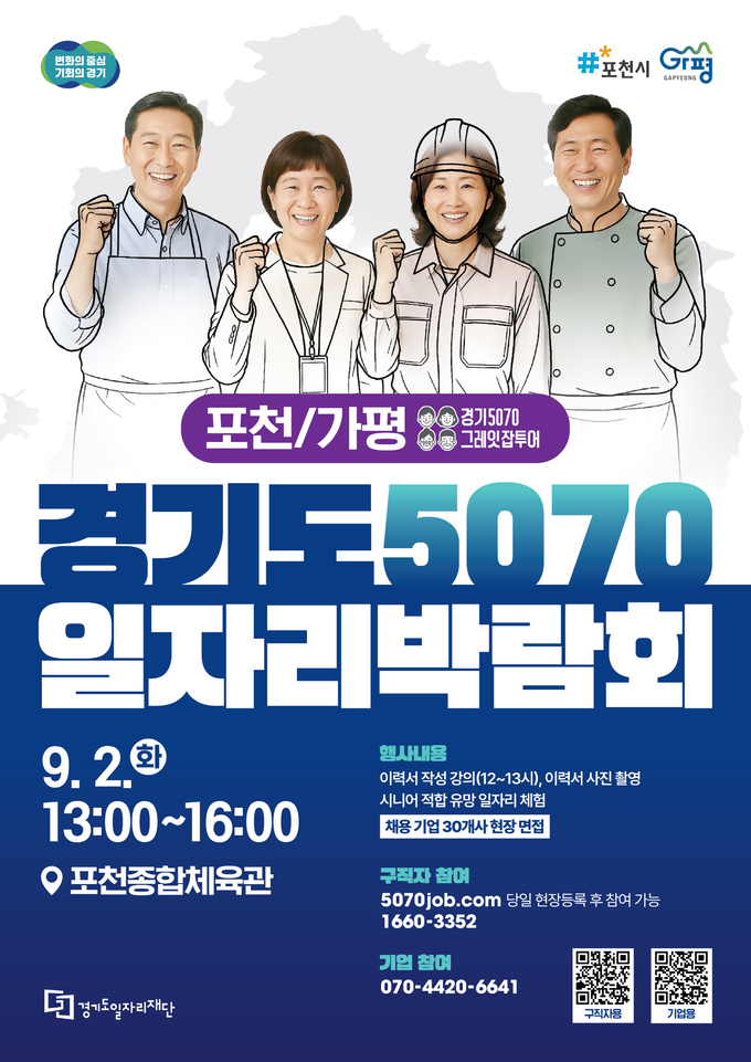 포천시는 오는 9월 2일 포천종합체육관에서 50~70대 중장년층의 재취업을 지원하기 위한 ‘2025 경기도 5070 일자리박람회 in 포천+가평’이 열린다고 밝혔다. (사진=포천시 제공)