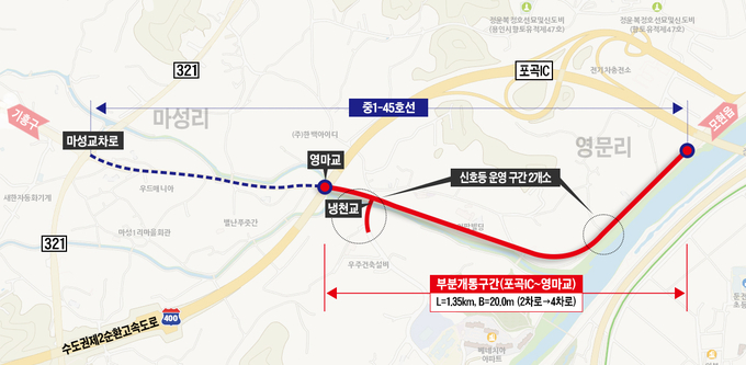 용인특례시는 오는 25일 처인구 포곡읍 마성리 50-6번지와 영문리 2-93번지를 잇는 연결도로 ‘중1-45호’ 공사의 일부 구간을 우선 개통한다. (사진=용인시 제공)