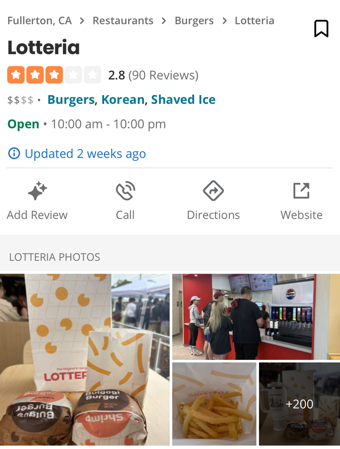 27일 현지 맛집 평가 플랫폼 Yelp의 롯데리아 풀러턴점 평점은 2.8/5점(90건 기준)으로 나타났다. (사진=Yelp 캡쳐)
