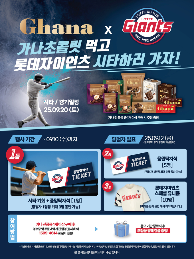롯데웰푸드가 대표 초콜릿 브랜드 ‘가나’가 롯데자이언츠와 함께 야구 팬을 위한 이벤트를 진행한다. (사진=롯데웰푸드 제공)