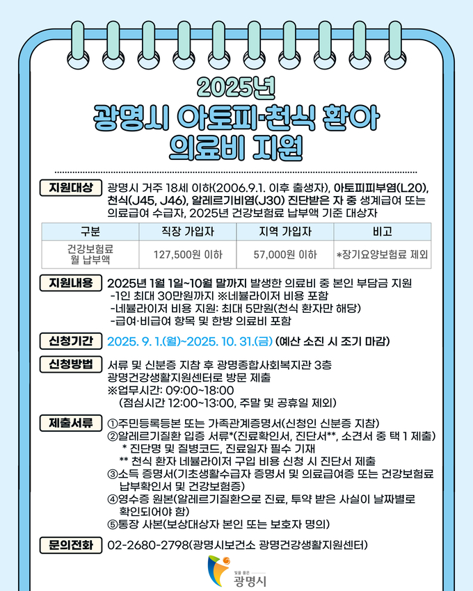광명시, 아토피·천식 등 알레르기질환 의료비 지원 사업 포스터. (사진=광명시 제공)