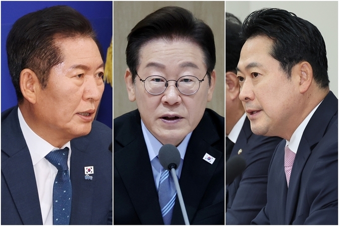 이재명 대통령(가운데)과 정청래 더불어민주당 대표(왼쪽), 장동혁 국민의힘 대표(오른쪽) (사진=연합뉴스)