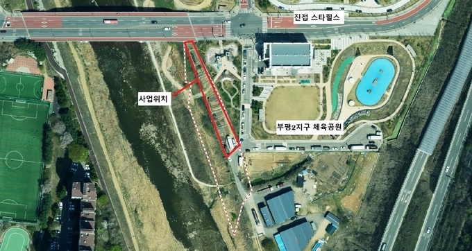 남양주시가 반려견 놀이터를 조성할 계획인 진접읍 부평리 734-49 약 850㎡의 하천부지. (위치도=남양주시 제공)