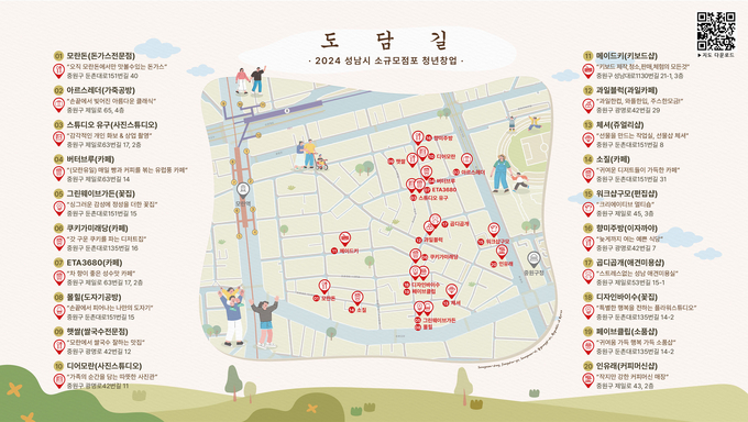 성남시 ‘소규모 점포 창업 청년 지원사업’으로 영업 중인 도담길 점포 20개 표시 지도. (사진=성남시 제공)