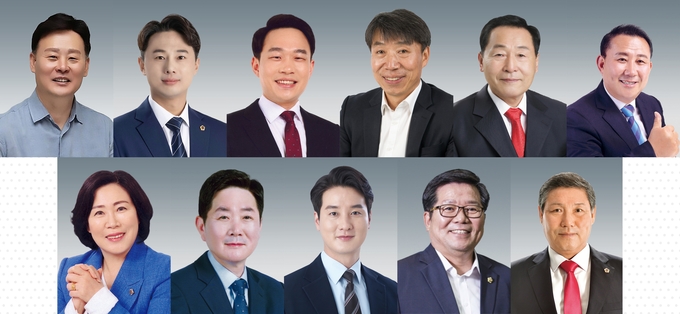 왼쪽부터 최종현(민주·수원7), 황대호(민주·수원3), 이호동(국힘·수원8), 이홍근(민주·화성1), 박명원(개혁신당·화성2), 김철진(민주·안산7), 김규창(국힘·여주2), 허원(국힘·이천2), 김일중(국힘·이천1), 조용호(민주·오산2), 서현옥(민주·평택3) 의원. (사진=경기도의회 제공)