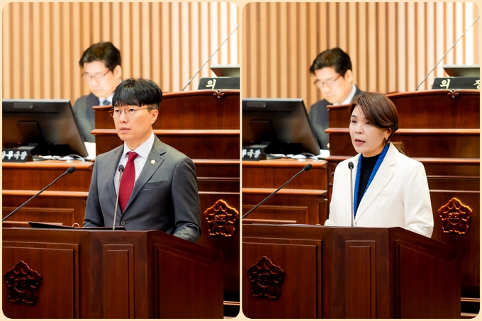 5분 발언중인 원주영(왼쪽) 의원과 손정자 의원 (사진=남양주시의회 제공)