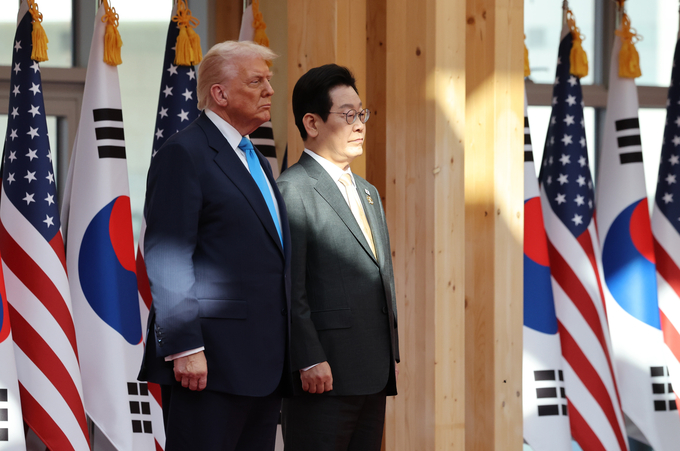 이재명 대통령과 도널드 트럼프 미국 대통령이 29일 경북 경주박물관에서 열린 트럼프 대통령 공식 환영식에 참석해 있다. (사진=연합뉴스)