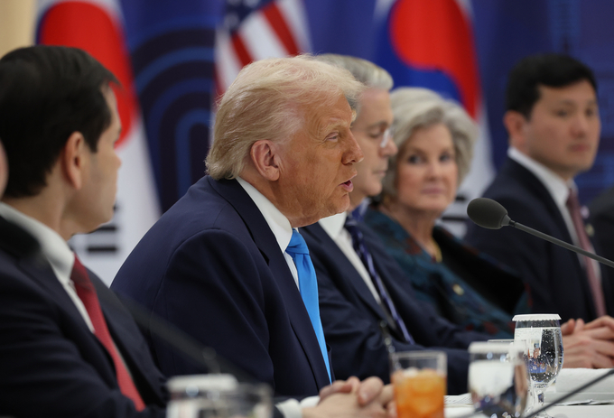도널드 트럼프 미국 대통령이 29일 경북 경주박물관에서 열린 이재명 대통령과의 한미 정상회담에서 발언하고 있다. (사진=연합뉴스)