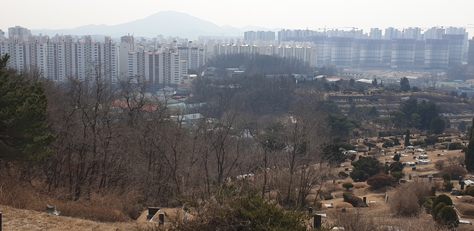 김포도심 한복판에 있는 김포공원 묘지가 도시 미관을 해치고 있다. (사진=천용남 기자)