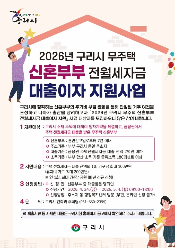 구리시, 무주택 신혼부부 전월세 자금 대출이자 지원 확대 - 뉴스 썸네일 이미지