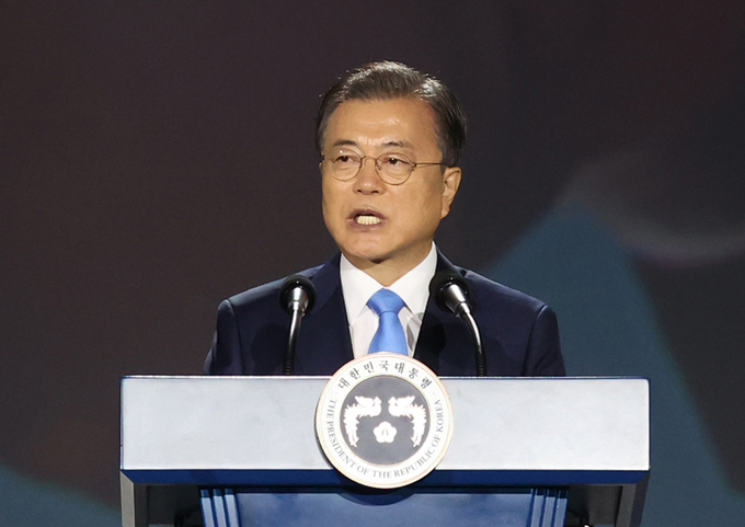 광복절 경축사 하는 문재인 대통령.(사진=연합뉴스 제공)