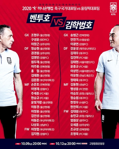 파울루 벤투 감독이 이끄는 A대표팀과 김학범이 지휘하는 올림픽 대표팀의 선수 명단. (사진=대한축구협회 제공)