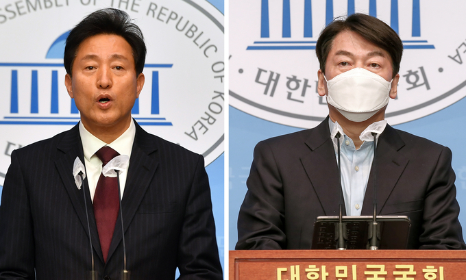각각 단일화 관련 기자회견하는 오세훈과 안철수. (각각 단일화 관련 기자회견하는 오세훈과 안철수. (사진=연합뉴스)