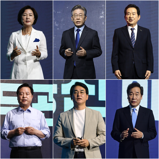 왼쪽부터 추미애, 이재명, 정세균, 김두관, 박용진, 이낙연 등 민주당 본경선 예비후보. (사진=연합뉴스 제공)