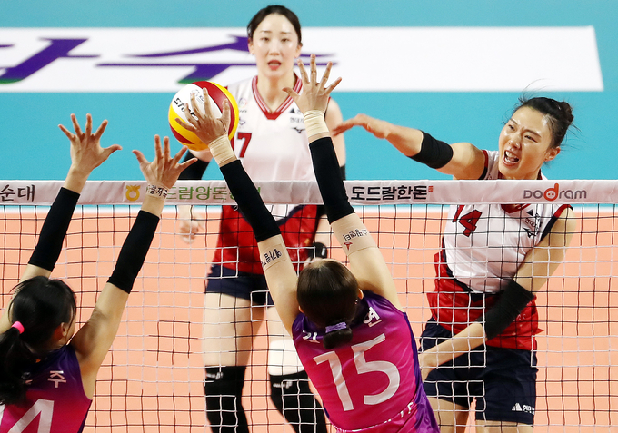 14일 인천 삼산월드체육관에서 열린 여자프로배구 흥국생명 핑크스파이더스와 현대건설 힐스테이트 배구단의 경기. 1세트 현대건설 양효진이 스파이크를 날리고 있다. (사진=연합뉴스)