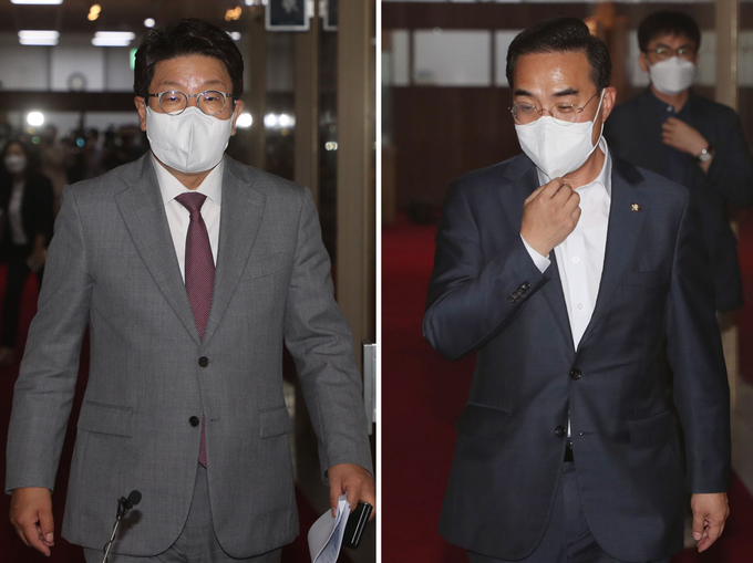 권성동 국민의힘 원내대표(맨 왼쪽)와 박홍근 더불어민주당 원내대표. (사진=연합뉴스)