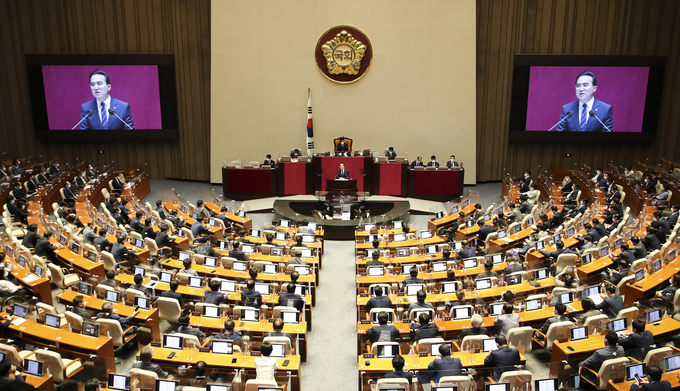 20일 국회에서 열린 본회의에서 박홍근 더불어민주당 원내대표가 교섭단체 대표연설을 실시했다. (사진=연합뉴스 제공)