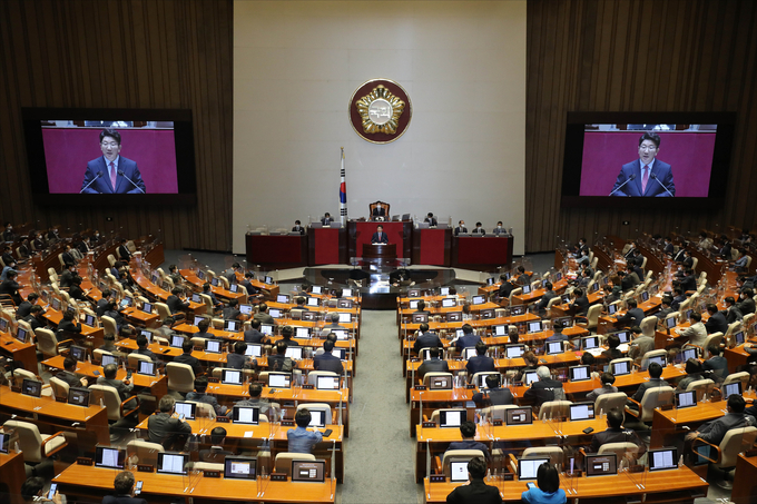 권성동 국민의힘 당 대표 직무대행 겸 원내대표가 21일 국회 본회의장에서 교섭단체 대표연설을 하고 있다. (사진=연합뉴스 제공)
