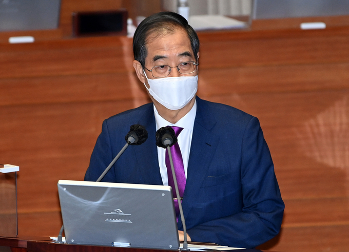 한덕수 국무총리가 21일 국회에서 열린 경제 분야 대정부질문에서 발언하고 있다. (사진=연합뉴스 제공)
