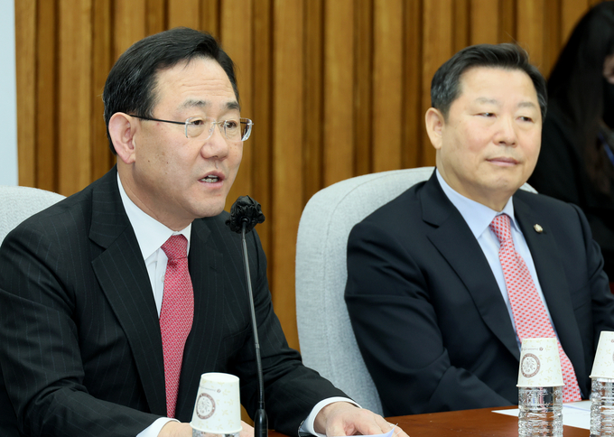 주호영 국민의힘 원내대표가 14일 국회에서 열린 원내대책회의에서 발언하고 있다. (사진=연합뉴스)