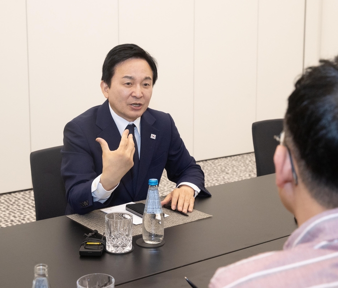 출장기자단과 간담회하는 원희룡 국토부 장관. (사진=연합뉴스 제공)