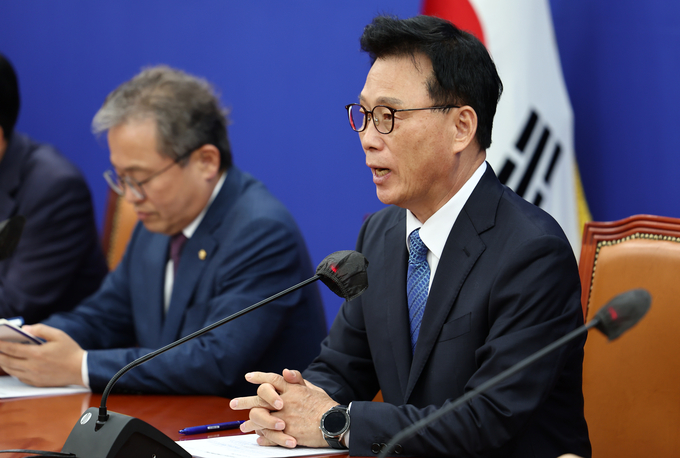 박광온 더불어민주당 원내대표가 25일 국회에서 열린 정책조정회의에 참석해 발언하고 있다. (사진=연합뉴스)