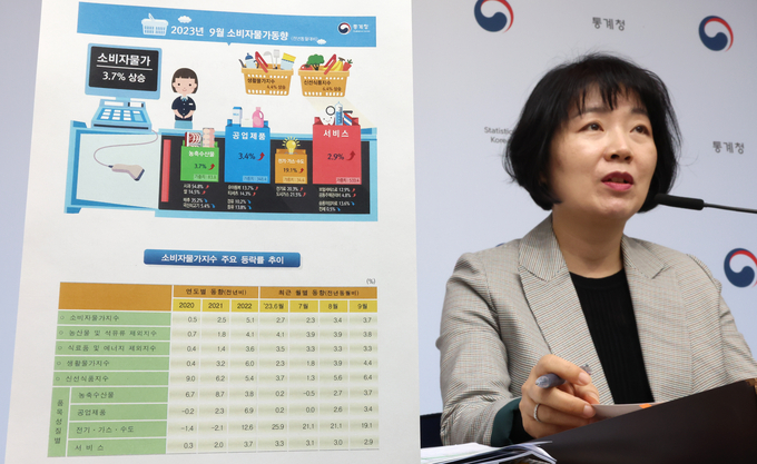 김보경 통계청 경제동향통계심의관이 5일 오전 세종시 정부세종청사에서 2023년 9월 소비자물가동향을 발표하고 있다. (사진=연합뉴스 제공)