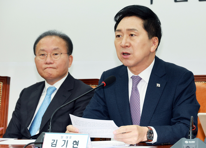 김기현 국민의힘 대표가 9일 국회에서 열린 최고위원회의에서 발언하고 있다. (사진=연합뉴스)