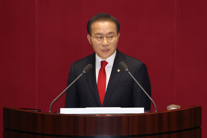 윤재옥 국민의힘 원내대표가 21일 국회 본회의장에서 2월 임시회 본회의 교섭단체 대표연설을 하고 있다. (사진=연합뉴스)