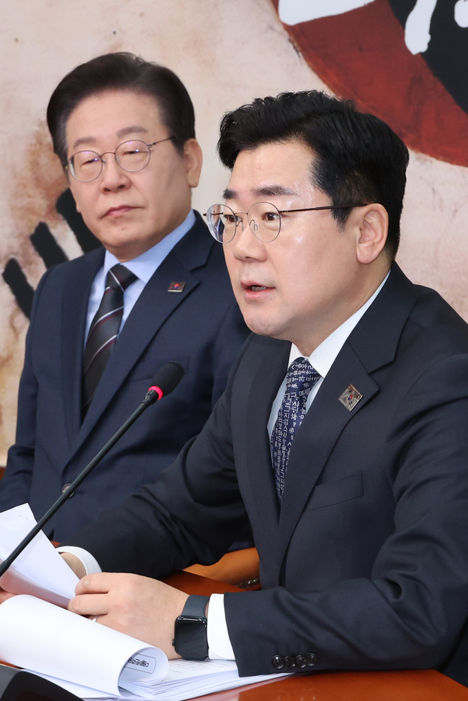 박찬대 더불어민주당 원내대표가 28일 서울 여의도 국회에서 열린 확대간부회의에서 발언하고 있다. (사진=연합뉴스)